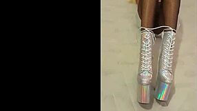 total silver and fishnet pantyhose i am wearing beautiful ankle boots with very high heels silver black fishnet pantyho