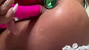 Very Sexy Lingerie Cream on Body with Dildo and Anal Plug Masturbation