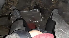 Young village girl reaches orgasm masturbating in cold barn POV