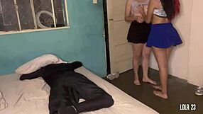 Lesbians Gift Brother Anal Threesome In Skirt Fucking