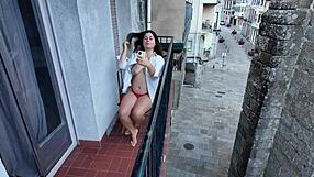 risky public balcony masturbation by my curvy brunette stepsister
