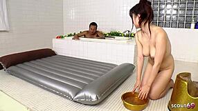 Yo, this uncensored Japanese nuru massage with saggy tits milf ends in creampie!