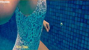 Preview of wife swimming in hotel pool wearing hot one piece swimsuit
