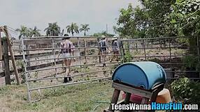 Teen cowgirls get facialized at outdoor party blowjob