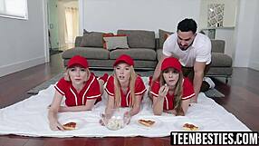 sporty teen bffs get interrupted watching a game. their pussies get railed in a foursome.