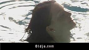 Sweet Redhead Teen Sucking Old Man's Cock at the Pool in Doggystyle