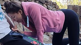 In the risky outdoors, a pretty brunette teen 18+ enjoys doggystyle and cowgirl with monster cock