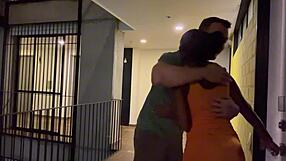 The beautiful ebony girl next door invites her white neighbor for a movie, then takes his big white cock jackhammer and creampie