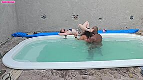 Jerking off in the pool before fucking two hotties with creampie
