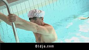 Sweet Redhead Teen Sucking Old Man's Cock at the Pool in Doggystyle