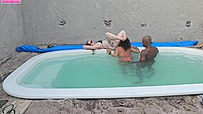 Jerking off in the pool before fucking two hotties with creampie