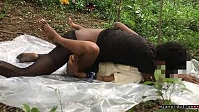 Young 18-year-old ebony teen gets pounded hard in the wild jungle setting.