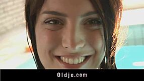 Sweet Redhead Teen Sucking Old Man's Cock at the Pool in Doggystyle