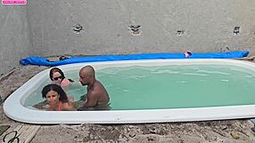 Jerking off in the pool before fucking two hotties with creampie