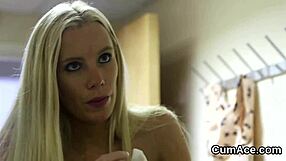 Peculiar peach takes cumshot on face! Sucking all the semen!