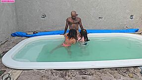 Jerking off in the pool before fucking two hotties with creampie