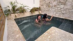 i watch two hot latina lesbians masturbate in the public pool, fearing discovery