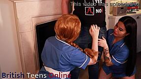 Two british nurses perform a teasing homemade act on their knees