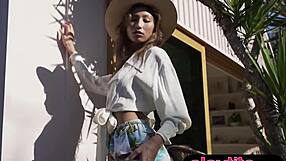 Petite latina beauty strips to reveal big juicy tits!