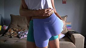 Tight spandex leggings lead to an intense assjob. He couldn't hold back and came in his underwear.