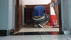 Wife of a cuckold welcomes the neighbor plumber in a skirt with no panties.
