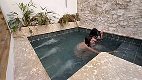 i watch two hot latina lesbians masturbate in the public pool, fearing discovery