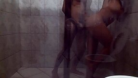 Intense sex in the bathroom with a muscular latina housewife licking big cock and feet.