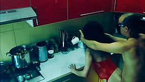 beautiful wife in bodysuit gets rough kitchen fucking