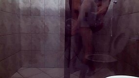 Intense sex in the bathroom with a muscular latina housewife licking big cock and feet.