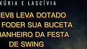 Lene gave her pussy to the hung guy without condom in the swing party bathroom and took all the cum in her mouth until licking the last drop!