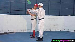 Girls deepthroat their athletic dads in family fun