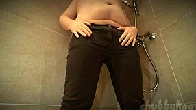 Chubbykaot flashes her curvy ass while pissing in jeans outdoors