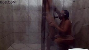 Intense sex in the bathroom with a muscular latina housewife licking big cock and feet.