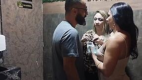 Lene gave her pussy to the hung guy without condom in the swing party bathroom and took all the cum in her mouth until licking the last drop!