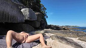 Damn! Curvy Nudist Flaunts Hairy Pussy on Public Beach. Close-Up Massage Action Stuns Everyone!