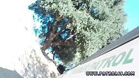 Brunette cop conducts strip search on teen, ripping clothes for outdoor hardcore sex with blonde.