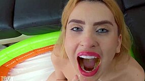 Hey, watch this blonde slut gag on dick and taste her own mess!