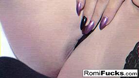 Romi Rain stuffs her wet pussy with panties for a kinky thrill. She licks them clean after a wild session.