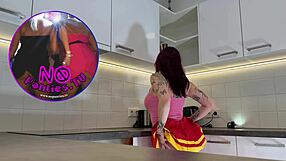 Hottest Redhead Tattooed Cheerleaders Shows See Through Panties With Over Knee Socks In Kitchen