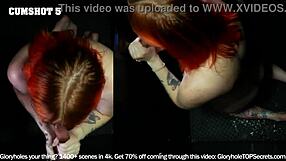 Redhead performs cumshot at gloryhole
