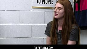 Redhead shoplifter Jane Rogers caught again! She'll fuck her way out with Jovan Jordan in the office.