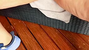 mature shows huge wet bald pussy close up