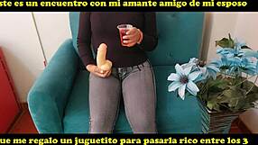 My lover surprises me with first double penetration using thick dildo.