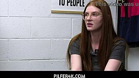 Redhead shoplifter Jane Rogers caught again! She'll fuck her way out with Jovan Jordan in the office.