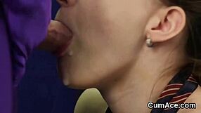 Naughty Peach slurps a thick cum load right on her face