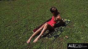 slim teen 18+ oils up and climaxes hard in the sun