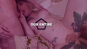 Newbie trans babe gets spitroasted by Blake Lovely