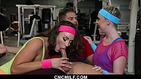 Stepmom and Stepdaughter Enjoy Gym Blowjob and Riding