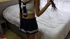 Thai sailor moon cosplayer rides foreign man's cock with her shaved pussy in amateur scene