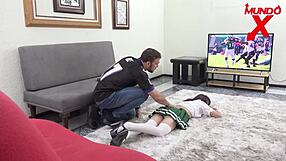 The latina seduces her friend's arab stepfather upon his return from training, engaging in hardcore fucking with big cock and cumshot.